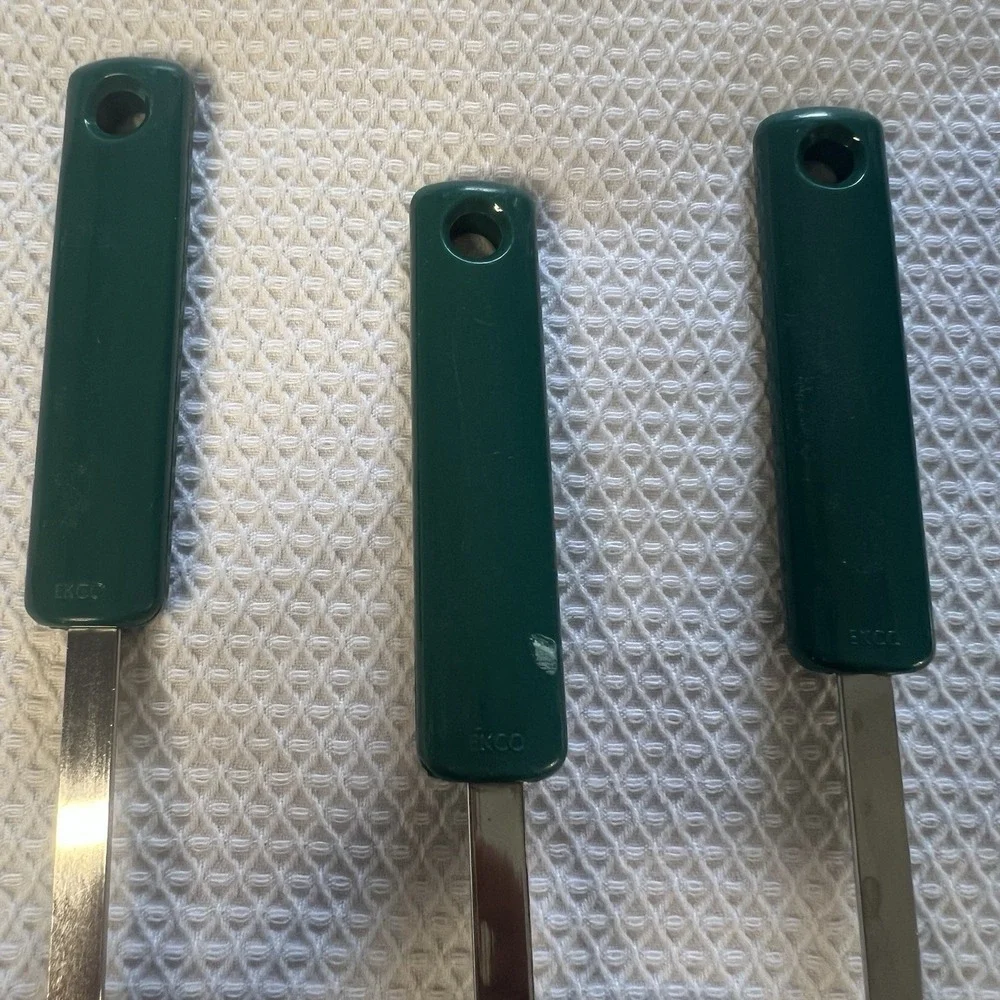 Vintage Ekco 3 Piece Utensil Stainless Steel Green Handles Slotted Spoon Spatula